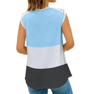 Back view of summer color-block sleeveless top with white lace trim and round neck