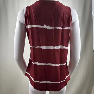 Back view of a maroon sleeveless tank top featuring white horizontal stripes and a curved hem