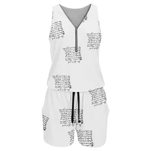White sleeveless romper for women with zipper V-neck and black script print pattern
