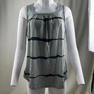 Grey and black striped tank top with pleated square neckline and curved hem details