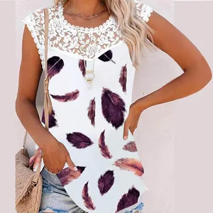 Detailed macro view of women's lace sleeveless top featuring purple feather print