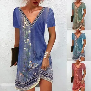 Vestito Midi da Donna con Scollo a V e Manica Corta Stampa Floreale Etnica Stile Boho Casual Linea A Prendisole Estivo