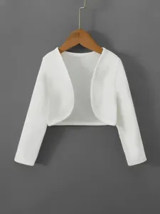 Elegant white long sleeve cropped bolero jacket with a textured open front shrug design