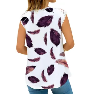 Back view of women's white tank top with purple feather print and lace trim details