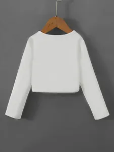 Back view of a white cropped long-sleeve bolero jacket for women on a hanger.