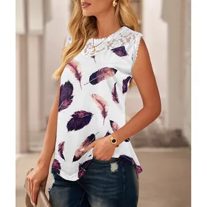 Casual sleeveless top for women with feather print and delicate white lace neckline