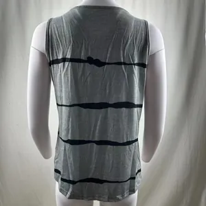 Back view of a grey women's sleeveless tank top with black horizontal stripes and curved hem