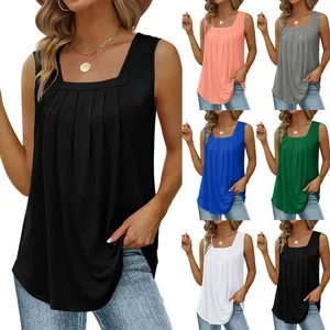 Women's Fashion Square Neck Pleated Sleeveless Tank Top Summer Loose Solid Color Swallowtail Hem Vest Top