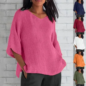 Women's loose V-neck top with linen-textured fabric shown in various elegant solid colors