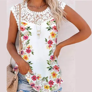 Macro detail of the floral print and delicate white lace trim on a summer casual cotton vest