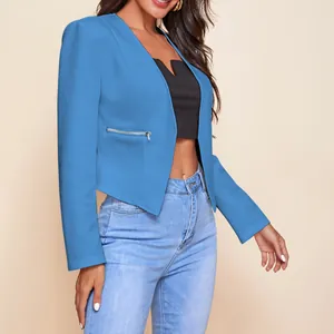 Detailed view of women's blue cropped blazer with zipper pockets and open front