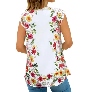Back view of women's casual floral print sleeveless top with white lace trim details