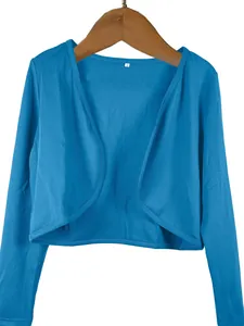 Close-up detail of a bright blue long sleeve cropped bolero shrug jacket for women's fashion