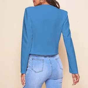 Back view of a vibrant blue casual cropped blazer jacket for women's autumn style