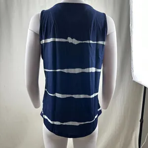 Back view of a navy blue striped tank top with a curved hem on a white mannequin