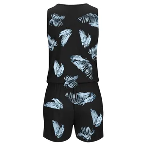 Back view of a black sleeveless women's romper featuring a blue tropical leaf print