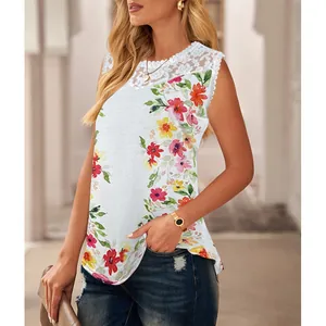 Detailed view of casual white tank top featuring colorful floral prints and elegant lace neckline