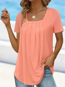 Elegantes korallenfarbenes Damen T-Shirt mit modischen Falten und Karree-Ausschnitt Passform.