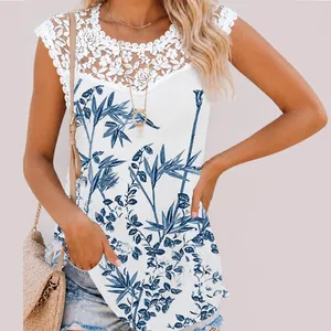 Detail view of women's summer tank top with lace neckline and blue bamboo print