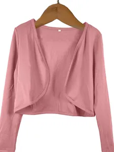 Close-up of pink long-sleeve short shrug jacket on a wooden hanger