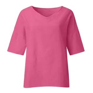 Elegant magenta pink V-neck blouse with half sleeves and breathable cotton texture