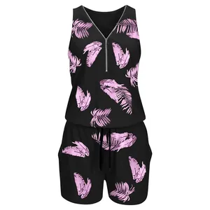 Women's summer black sleeveless romper with pink leaf print and front zipper detail