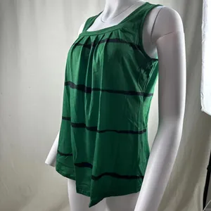 Close-up detail showing the pleated square neck and striped pattern of this green tank top.
