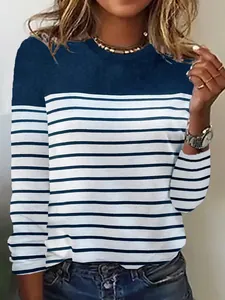 Close-up showing the striped texture and color-block design of the round-neck T-shirt