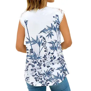 Detailed back view showing the blue bamboo pattern and delicate white lace trim on the shoulders.