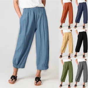 Women's loose summer casual pants shown in multiple solid colors like blue and orange.