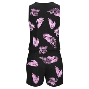 Back view of a black sleeveless summer romper with pink tropical leaf prints