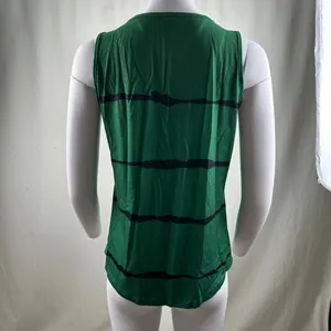 Back view of a casual green and black horizontal striped sleeveless tank top with curved hem