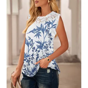 Detailed view of women's summer tank top with blue floral print and white lace trim