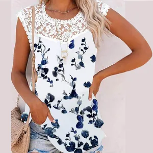 White sleeveless tank top with blue floral print and white lace neckline detail