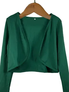Detailed view of women's dark green cropped bolero shrug featuring open front design