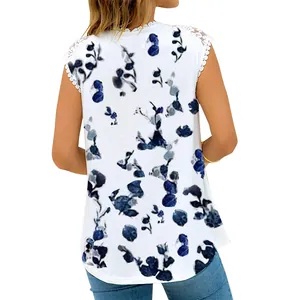 Back view of women's sleeveless top with blue floral print and white lace trim.