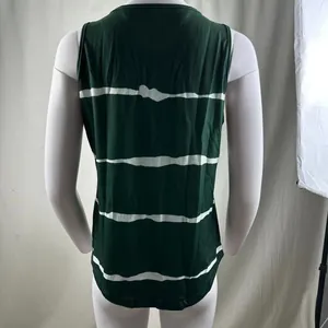 Detailed back view of a dark green sleeveless tank top with white stripes on mannequin