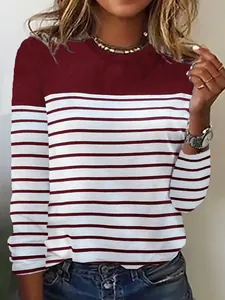 Close-up of long-sleeved top with wine red and white horizontal stripes and round neck