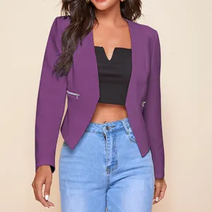 Close-up view of a chic women's purple cropped blazer featuring stylish zipper details