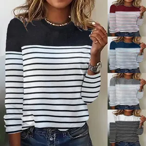 Women Long Sleeve Striped Patchwork T-Shirt Loose Fit Crew Neck Pullover Top Comfortable Spandex Casual Base Shirt Fashion
