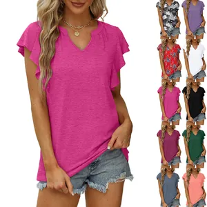 Camiseta Sexy de Verano para Mujer con Cuello en V y Mangas con Volantes Casual Floral Liso Mezcla de Algodón