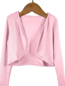 Detail of a pink long-sleeved open front bolero jacket for women on a wooden hanger