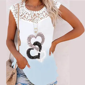 Detailed shot of interlocking heart print and delicate lace trim on casual tank top