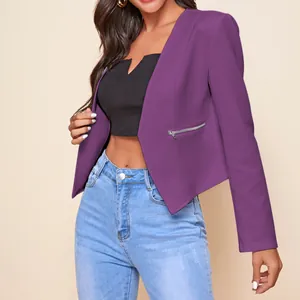 Detailed view of women's purple cropped blazer with silver zipper pocket decoration