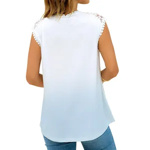 Back view of white and light blue gradient tank top with lace trim shoulder detail