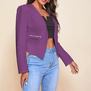 Elegant cropped purple blazer with zipper detail worn by a female model in casual style