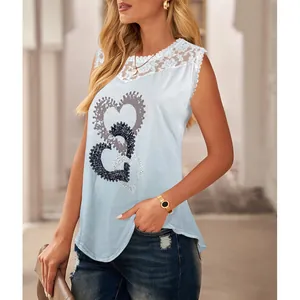Close-up detail of women's light blue sleeveless vest with lace trim and heart print