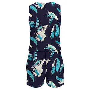 Plus size women's sleeveless jumpsuit featuring a vibrant tropical leaf pattern print