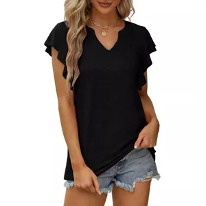 Elegante camiseta de verano para mujer con cuello en V y modernas mangas de volantes