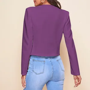 Rear view detail of a stylish purple cropped blazer for women in a casual slim fit.
